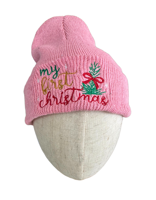 Embroidered pink baby beanie with "My First Christmas" design.