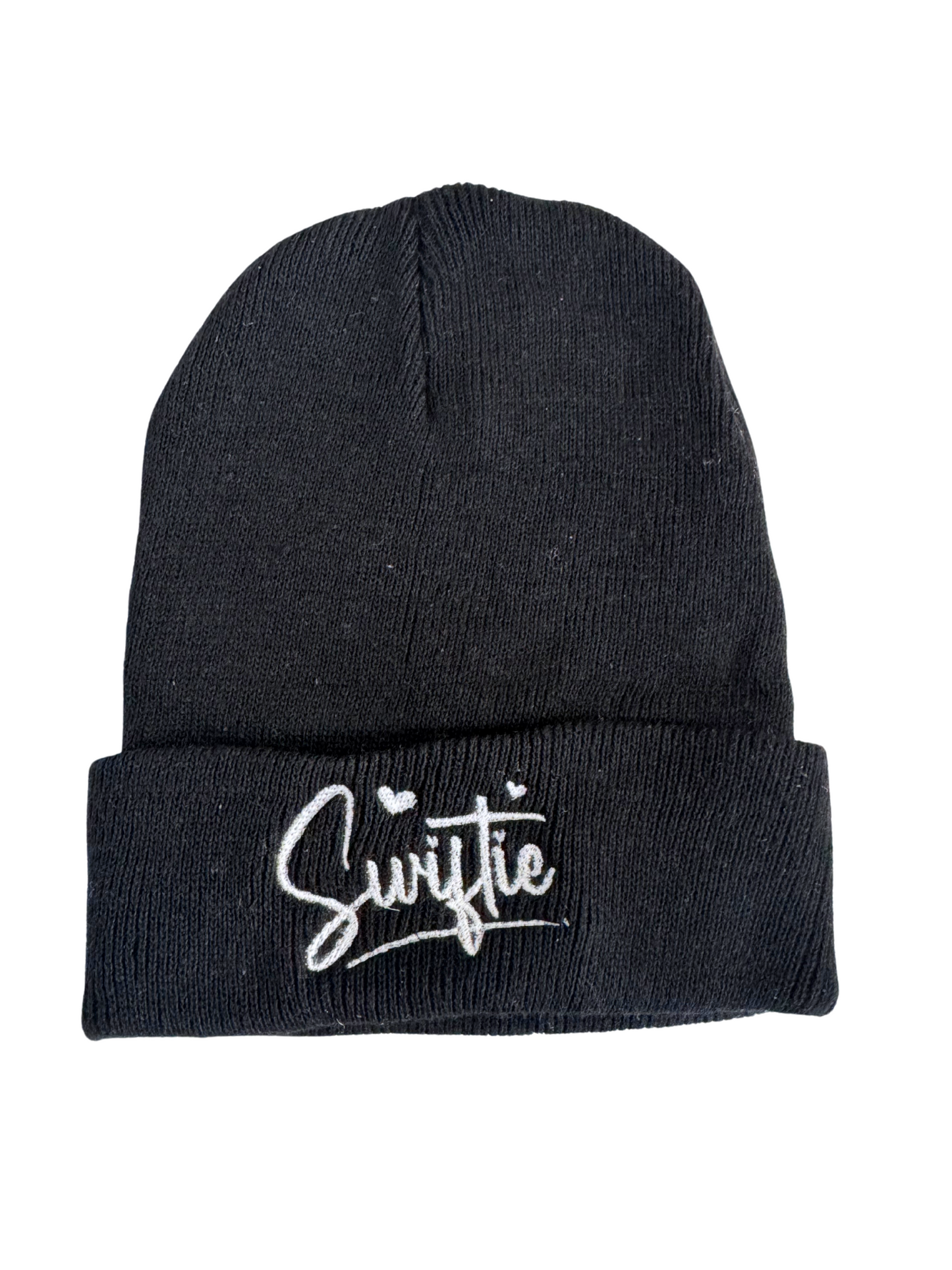 Black beanie with white "Swiftie" embroidery design.

