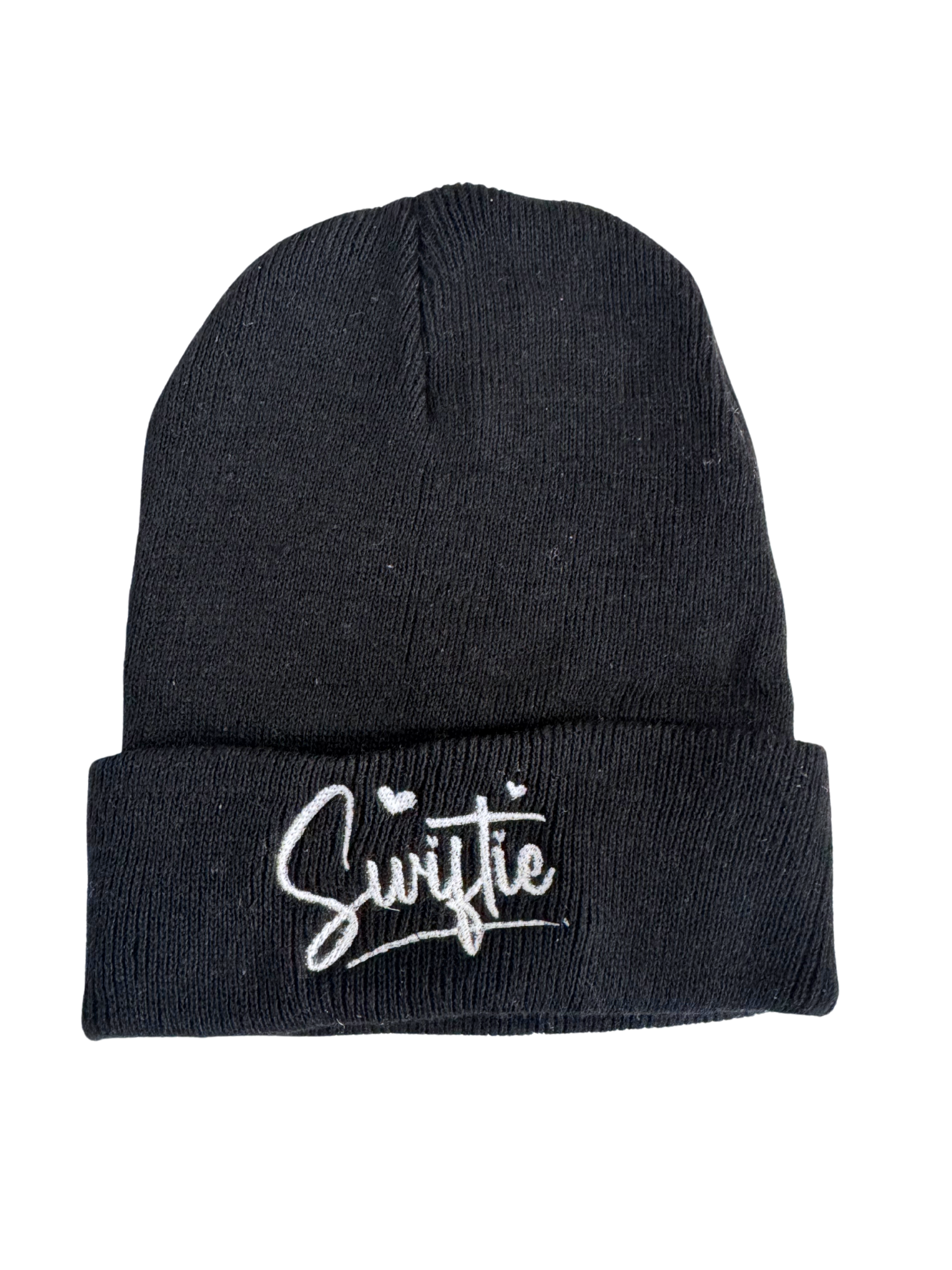 Black beanie with white "Swiftie" embroidery design.

