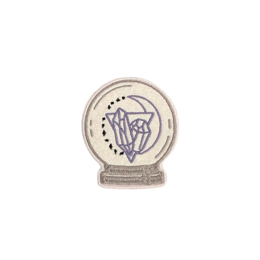 Mystical handmade crystal ball iron-on patch with purple crystals and crescent moon design.