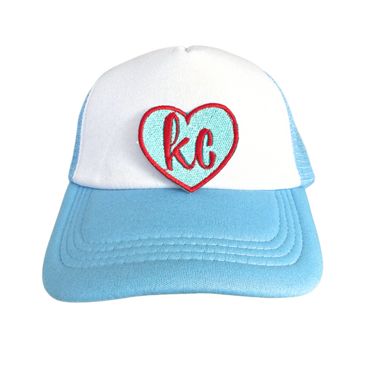 Handmade KC heart iron-on patch in aqua blue and red, inspired by KC Current colors, ready to ship.

