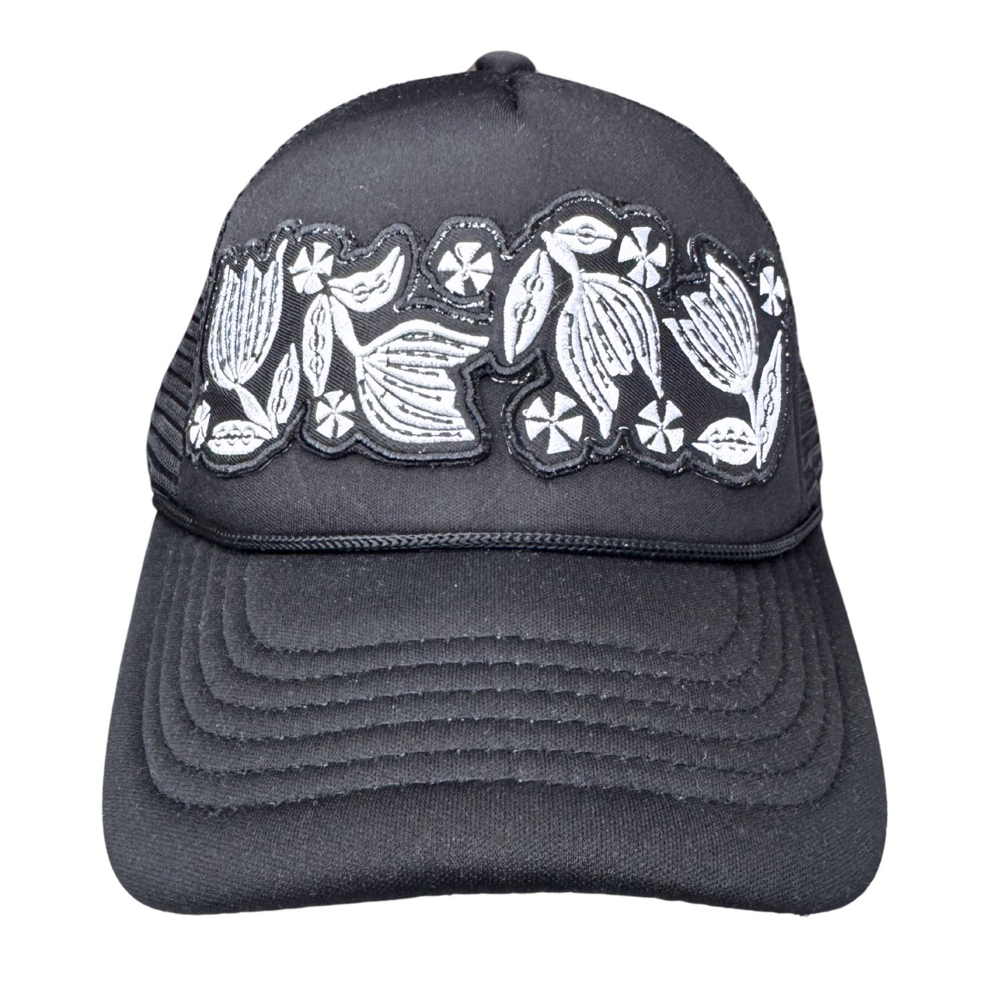 Black Trucker Hat with Embroidered Pyrex Black Tulip Patch – Handmade in Kansas City, Ready to Ship