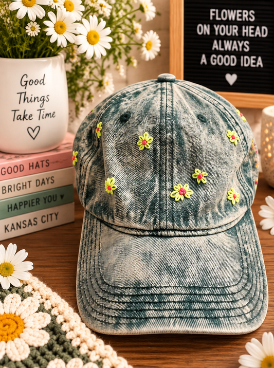 Acid wash daisy hat styled product photo