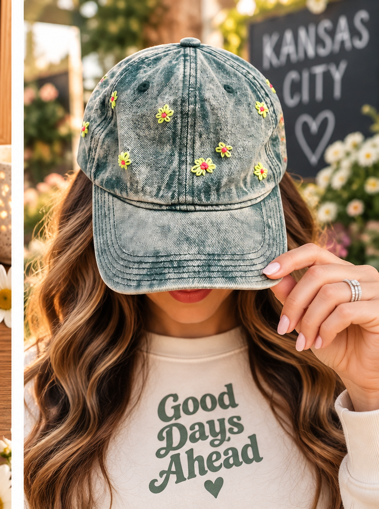 Model wearing acid wash daisy hat