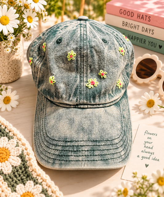 Hand embroidered acid wash green daisy hat styled with flowers and colorful accessories