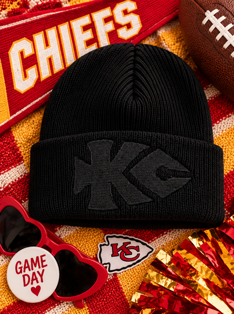 All-black KC Arrowhead embroidered beanie styled game-day product photo