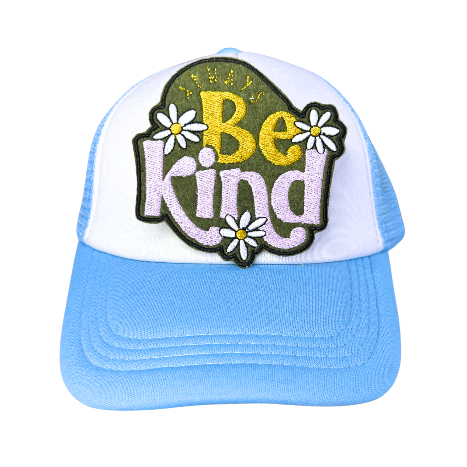 "Blue and white trucker hat featuring an embroidered 'Always Be Kind' patch with floral details in earthy tones."

