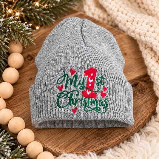 Gray My 1st Christmas embroidered baby beanie styled for the holidays