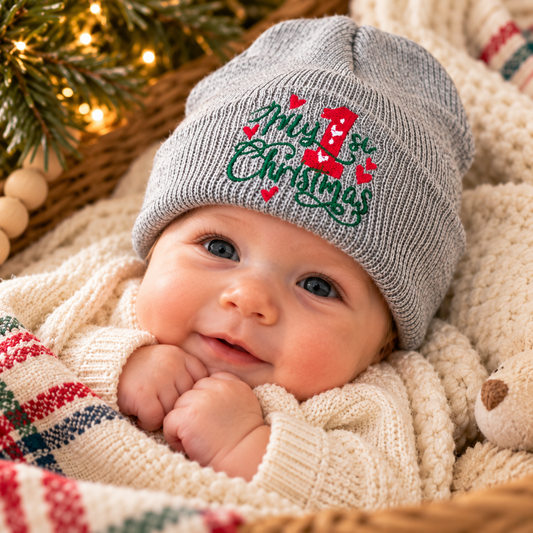 Young baby wearing gray My 1st Christmas embroidered beanie