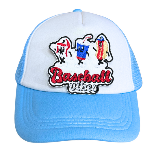Light blue and white trucker hat with an embroidered "Baseball Vibes" patch attached.

