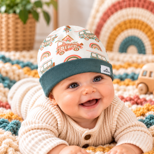 Baby wearing beach van and rainbow organic cotton beanie with teal folded cuff in a warm nursery