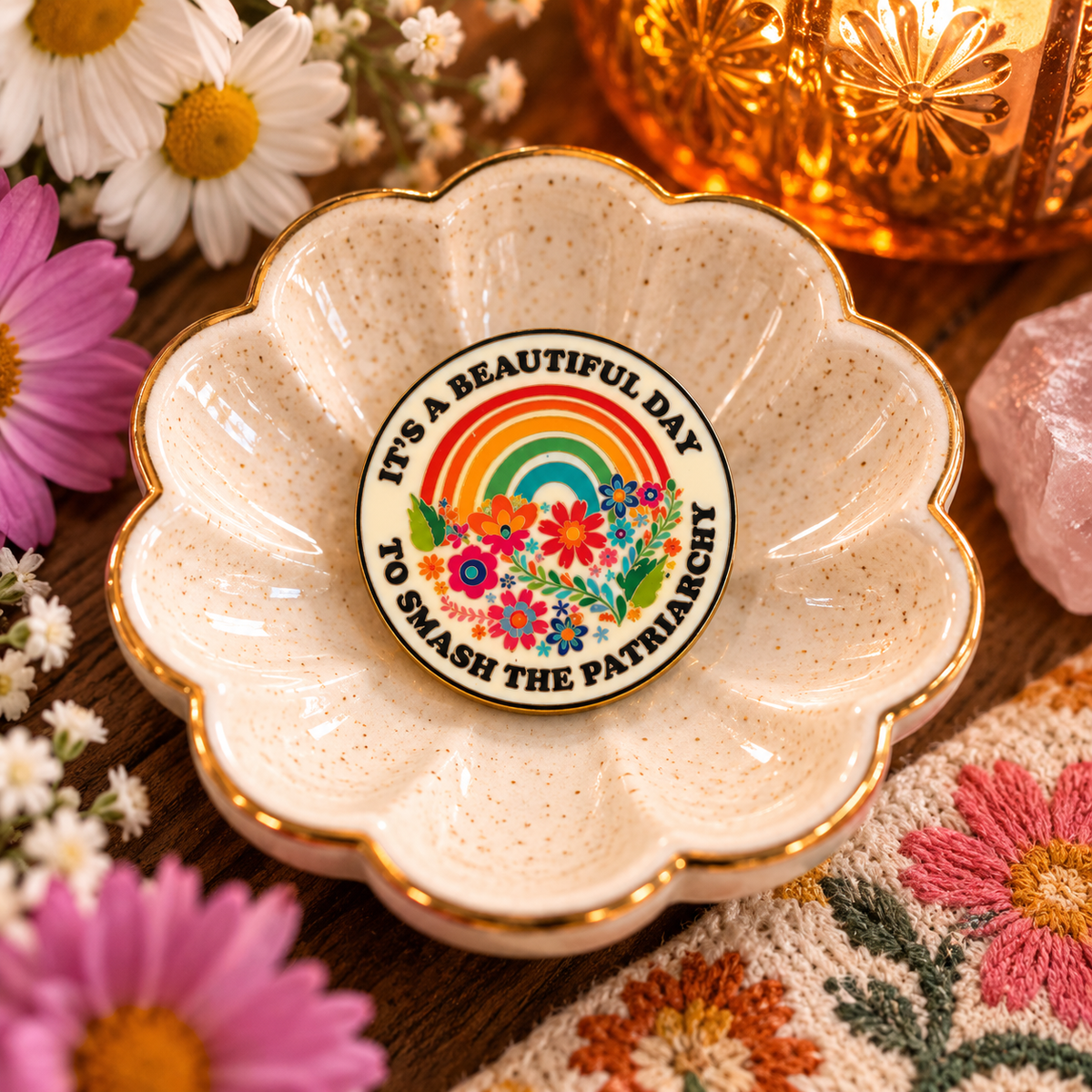 It's a Beautiful Day to Smash the Patriarchy rainbow floral enamel pin hero image