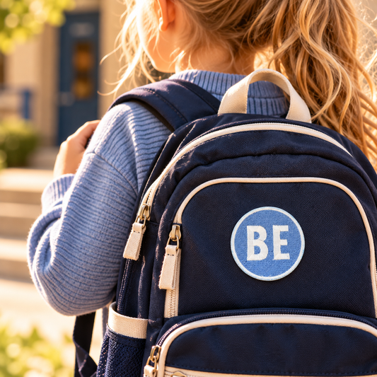 Belinder Elementary BE blue and white embroidered patch displayed on navy backpack