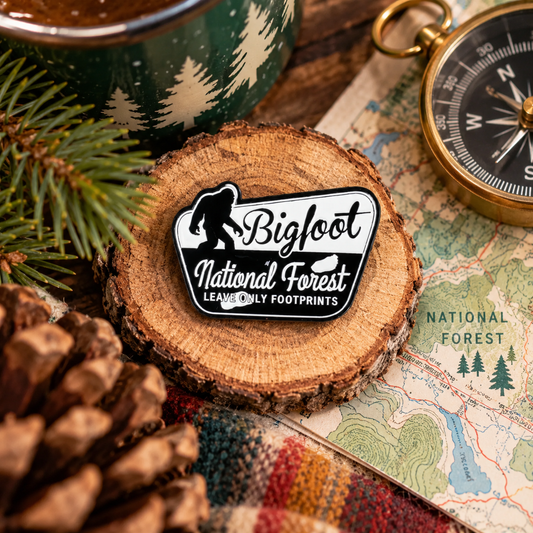 Bigfoot National Forest enamel pin vintage camping hero image