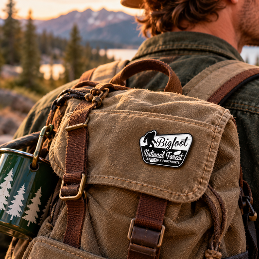 Bigfoot National Forest enamel pin on hiking backpack lifestyle image