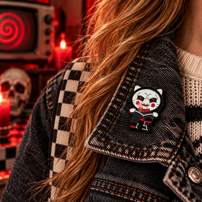 Cute horror cat enamel pin lifestyle photo