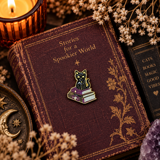 Black Cat on Books enamel pin styled on a vintage book