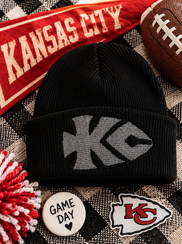 Black and gray KC Arrowhead embroidered youth beanie styled game-day product photo