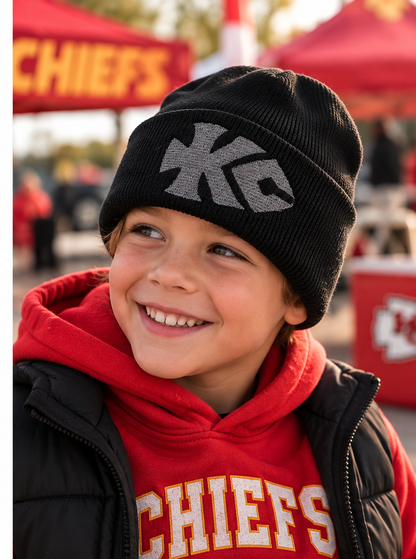 Black and gray KC Arrowhead embroidered youth beanie lifestyle game-day photo