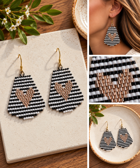 Black and white striped hand-beaded earrings with rose gold hearts
