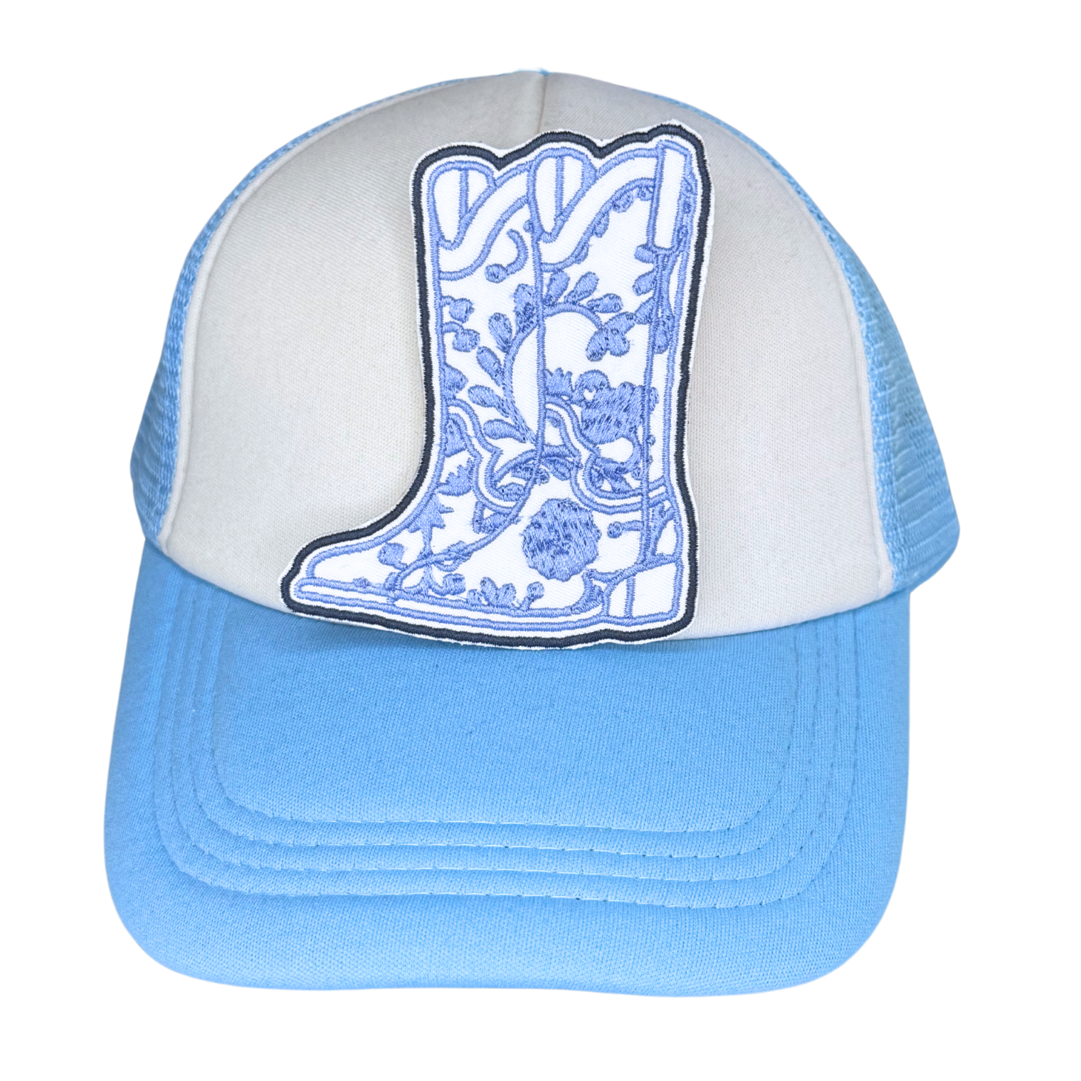 Light blue trucker hat with embroidered floral cowboy boot patch

