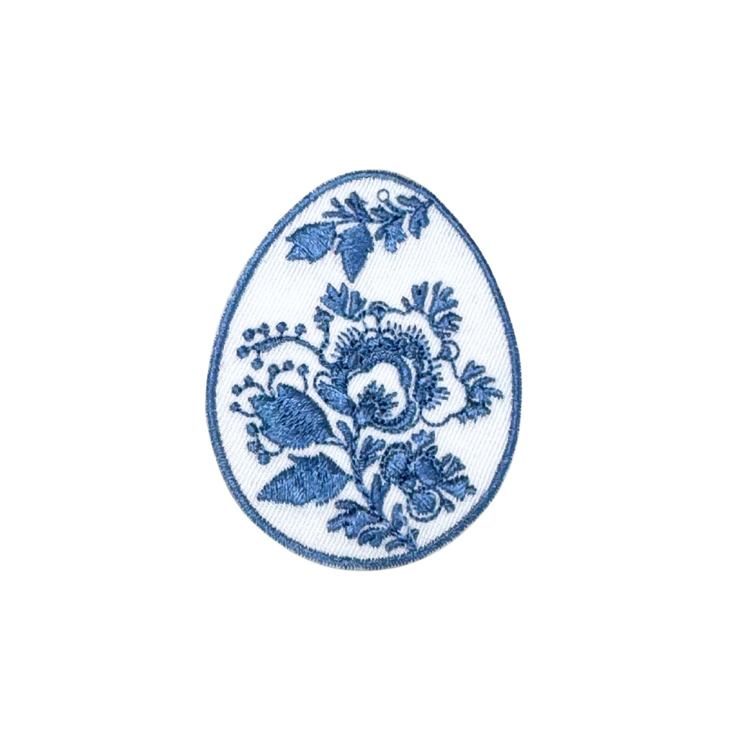 Blue and white floral egg-shaped embroidered iron-on patch
