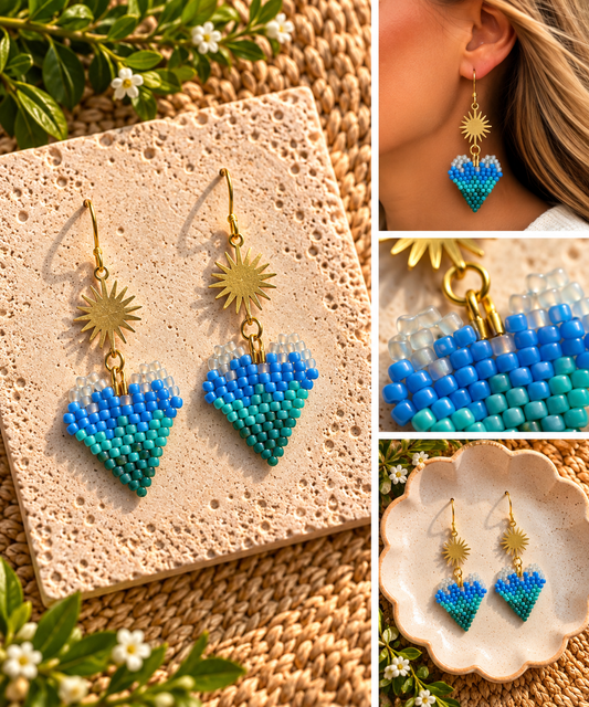 Blue and green hand-beaded mountain earrings with gold sunburst charms