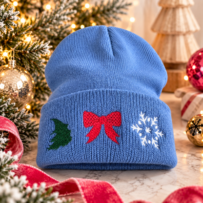Blue holiday embroidered beanie with Christmas tree, red bow and snowflake