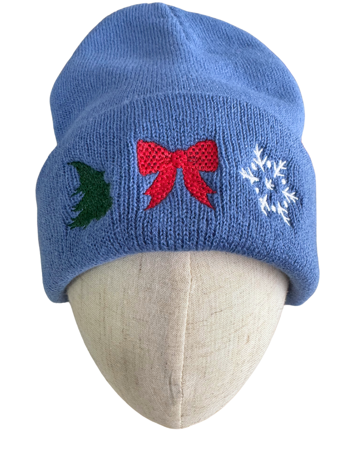 Original front view of blue holiday embroidered beanie