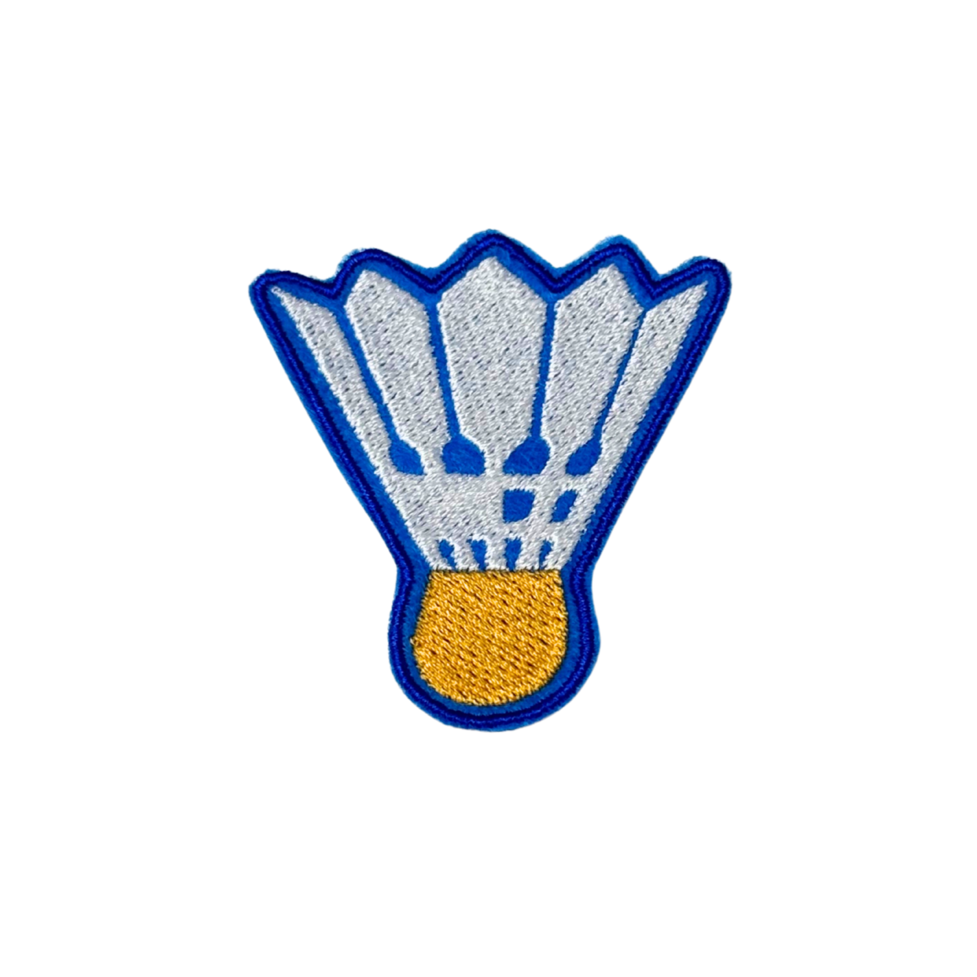Blue and white shuttlecock patch with gold base on a white background
