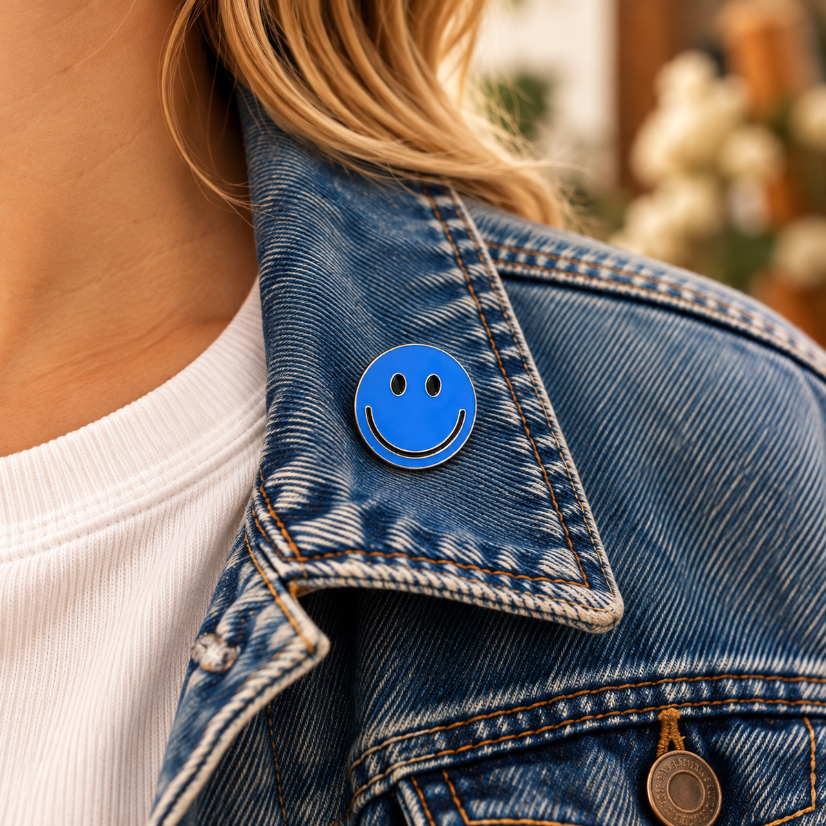One-inch blue smiley face enamel pin worn on blue denim jacket collar