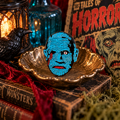 Blue retro zombie enamel pin styled in a moody vintage horror scene