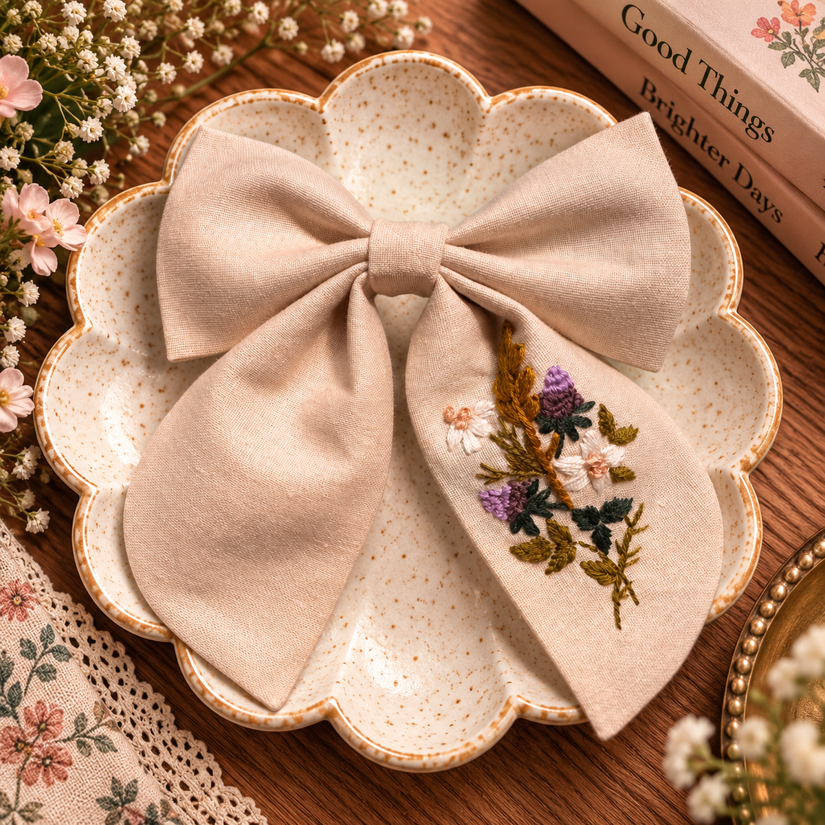 Hand-embroidered blush linen hair bow with floral stitching