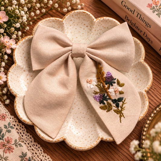 Hand-embroidered blush linen hair bow with floral stitching