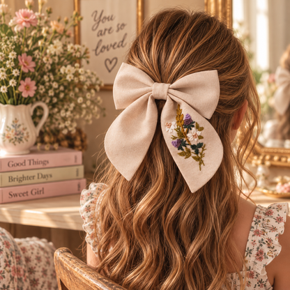 Hand-embroidered blush linen hair bow worn in girl's hair