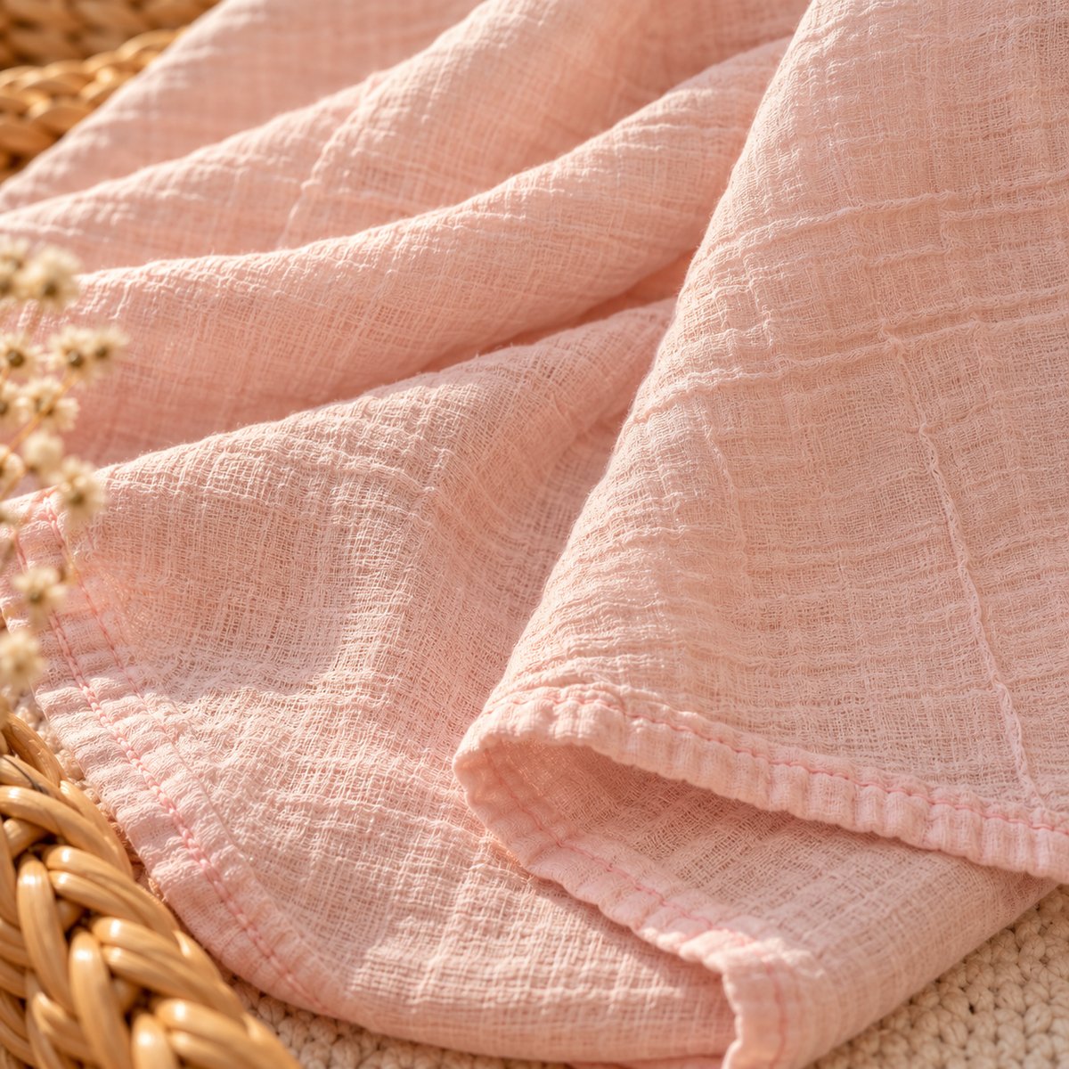 Blush pink cotton gauze swaddle fabric and finished edge detail