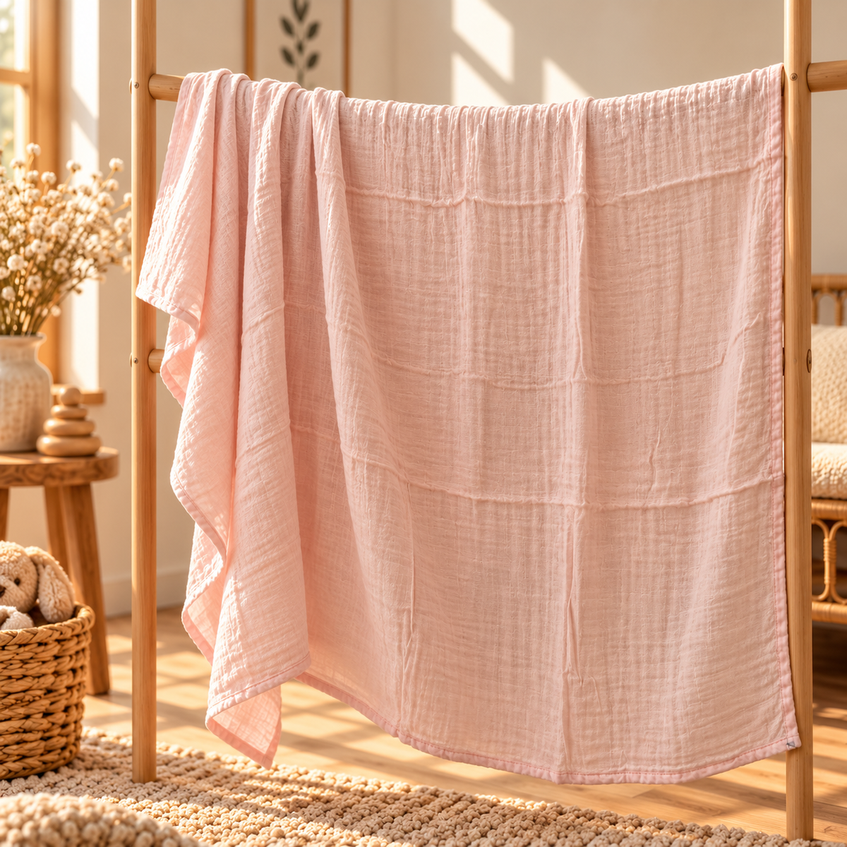 Blush pink cotton gauze baby swaddle showing full size and drape