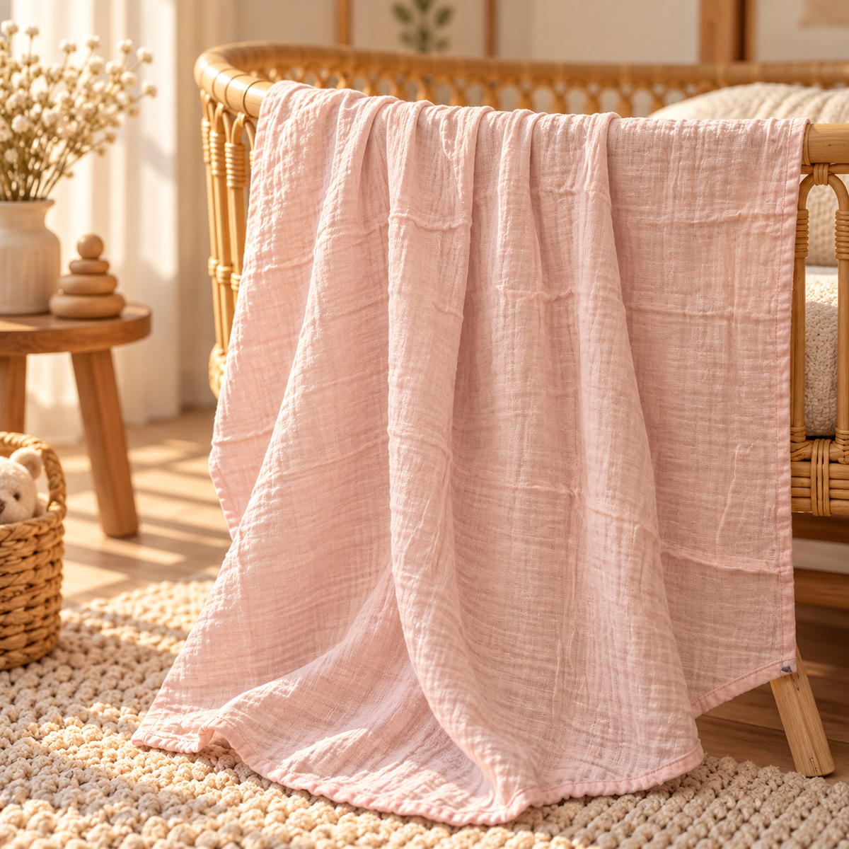 Blush pink cotton gauze baby swaddle in a warm nursery