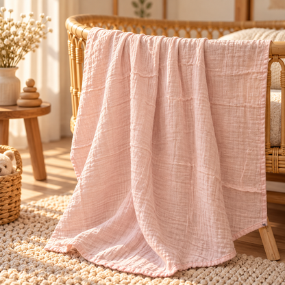 Blush pink cotton gauze baby swaddle in a warm nursery