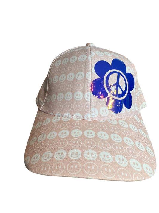 Blush Smiley Print Peace Flower Hat – Pink Baseball Cap with Holographic Design