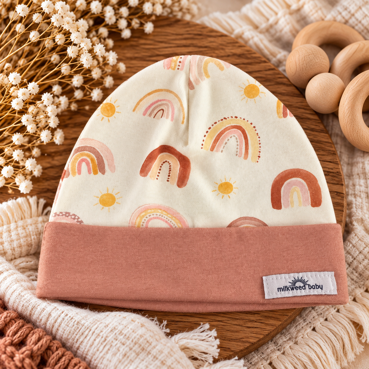 Boho rainbow organic cotton baby beanie hero