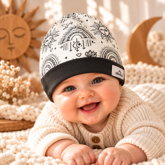 Smiling baby wearing boho celestial sun and moon print baby beanie with charcoal cuff