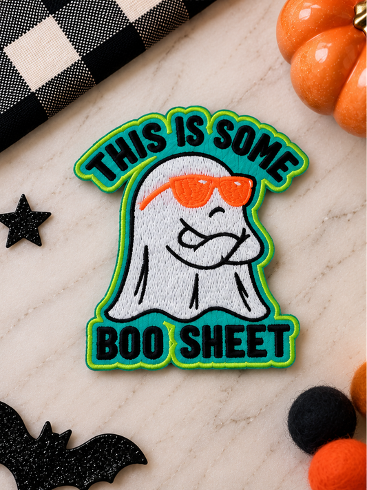 This Is Some Boo Sheet embroidered ghost patch styled for Halloween