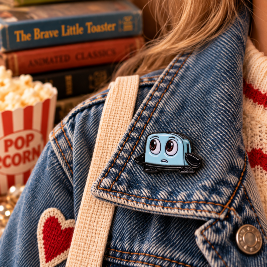 Brave Little Toaster enamel pin on denim jacket lifestyle image