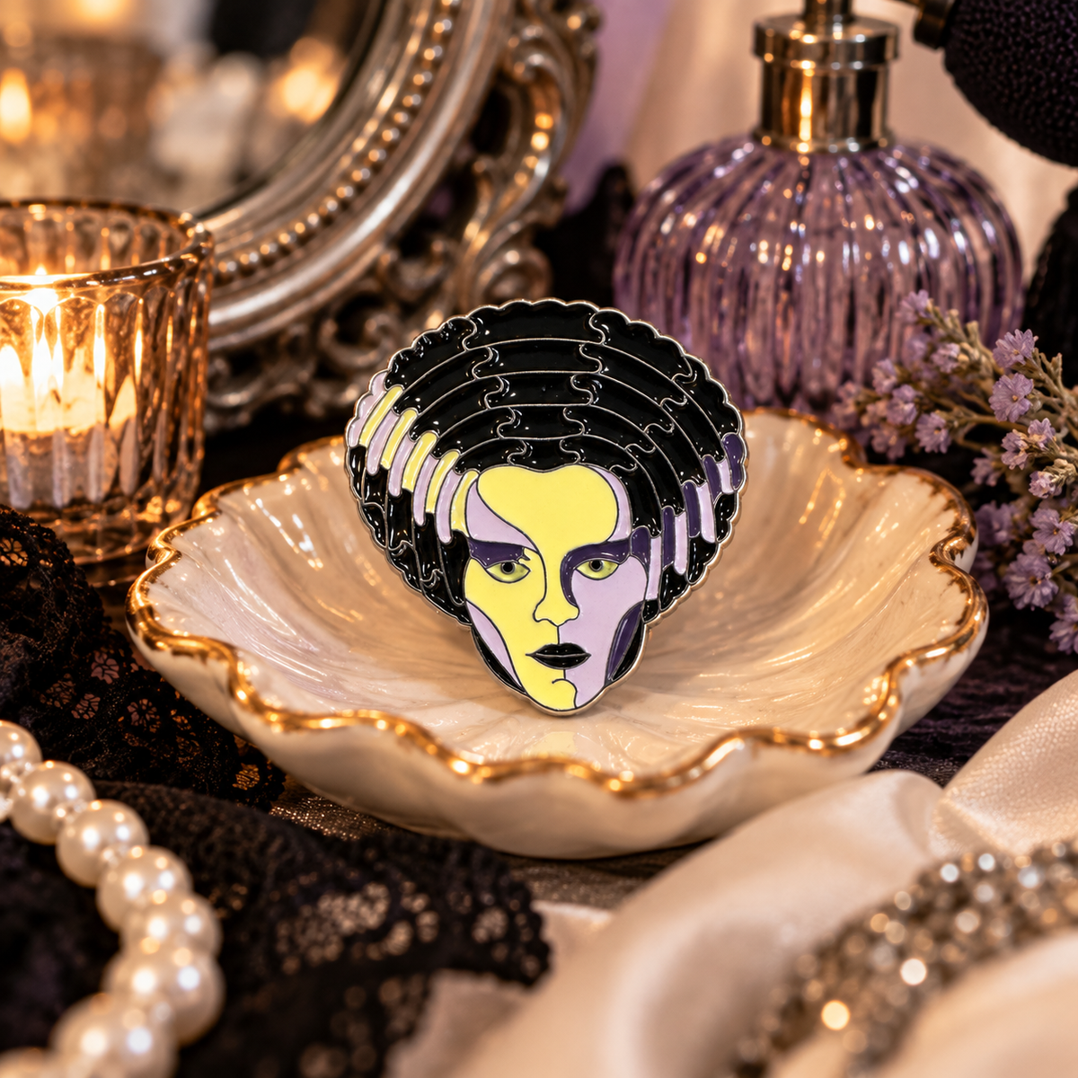 Bride of Frankenstein inspired enamel pin in a glamorous vintage gothic vanity scene