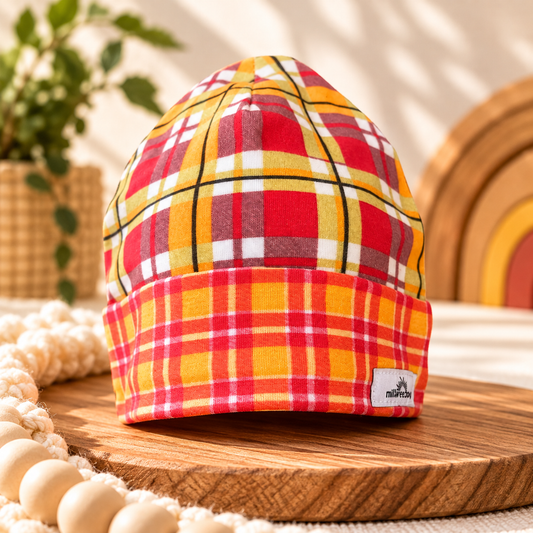 Bright plaid organic cotton baby beanie in red yellow orange and white styled on wood