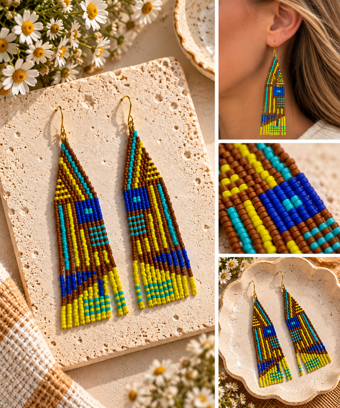 Hand-beaded fringe earrings in brown, yellow, turquoise and deep blue