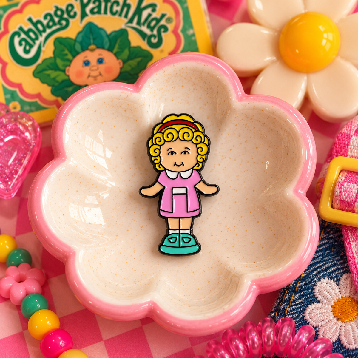 Blonde retro doll enamel pin hero image