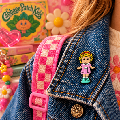 Blonde retro doll enamel pin lifestyle image