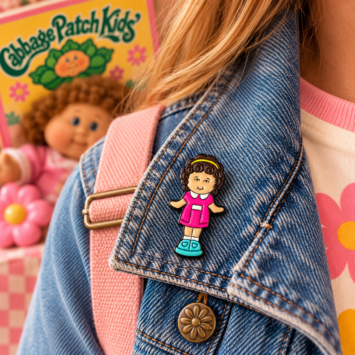 Cabbage Patch Kids girl enamel pin styled on denim jacket